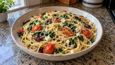 Mediterranean lemon pasta with spaghetti, cherry tomatoes, spinach, Kalamata olives, feta, and parsley in a shallow bowl