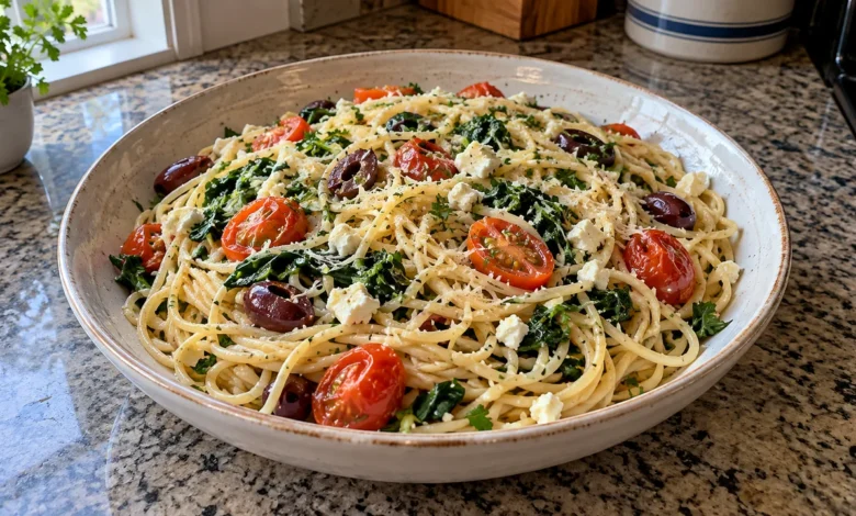 Mediterranean lemon pasta with spaghetti, cherry tomatoes, spinach, Kalamata olives, feta, and parsley in a shallow bowl