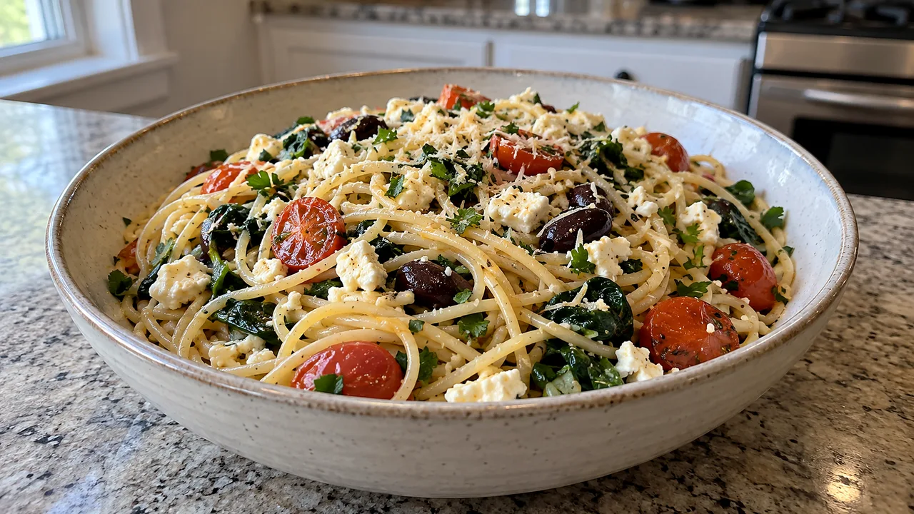 Close view of lemon spaghetti with feta crumbles, Kalamata olives, tomatoes, spinach, and parsley