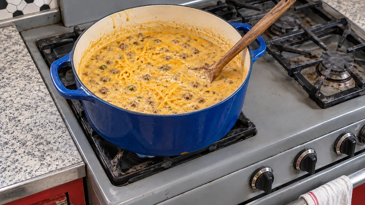 Shredded cheddar being stirred into creamy queso soup with ground beef over low heat in a Dutch oven