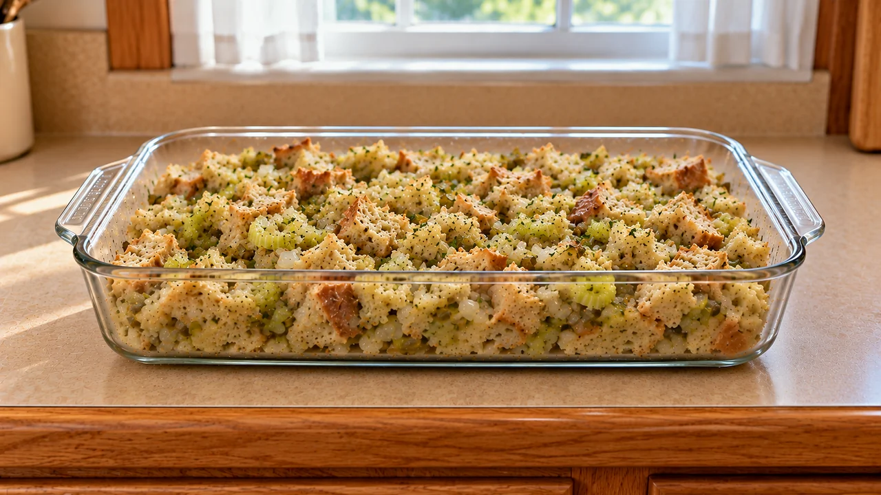 Moistened dill pickle stuffing spread loosely in the glass baking dish before it goes into the oven