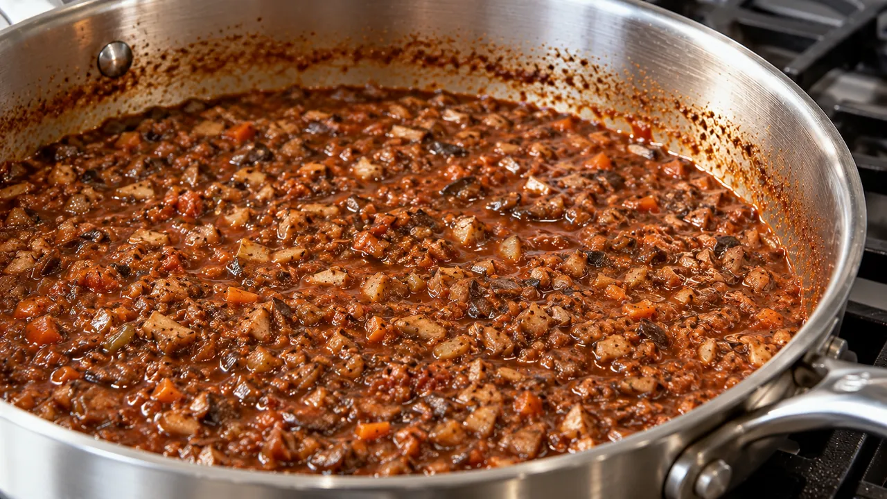 Thick mushroom bolognese sauce after simmering, with a reduction line on the side of the pan
