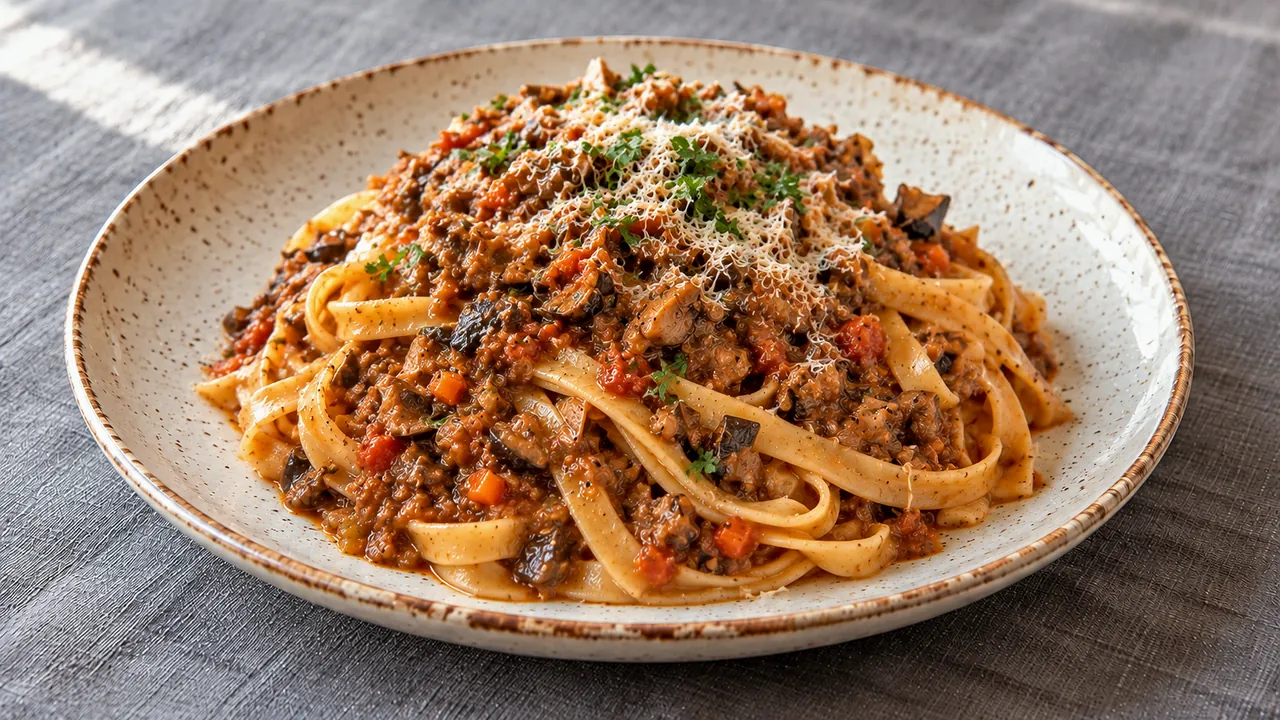 A twirled nest of tagliatelle with mushroom bolognese and finely grated cheese on a cream stoneware plate