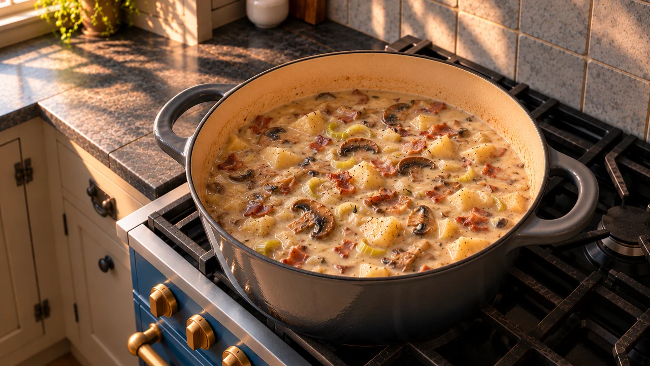Finished creamy mushroom chowder in a Dutch oven with bacon stirred in
