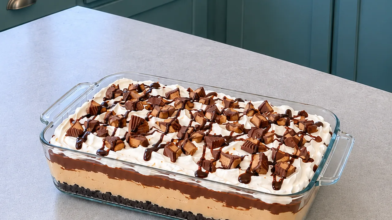 No-bake peanut butter lasagna in a 9x13 glass dish topped with whipped topping, chopped peanut butter cups and chocolate syrup