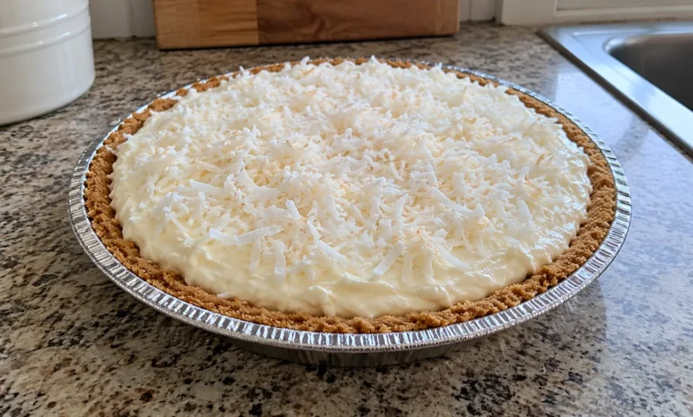 Whole chilled no-cook coconut pie in a graham cracker crust topped with shredded coconut