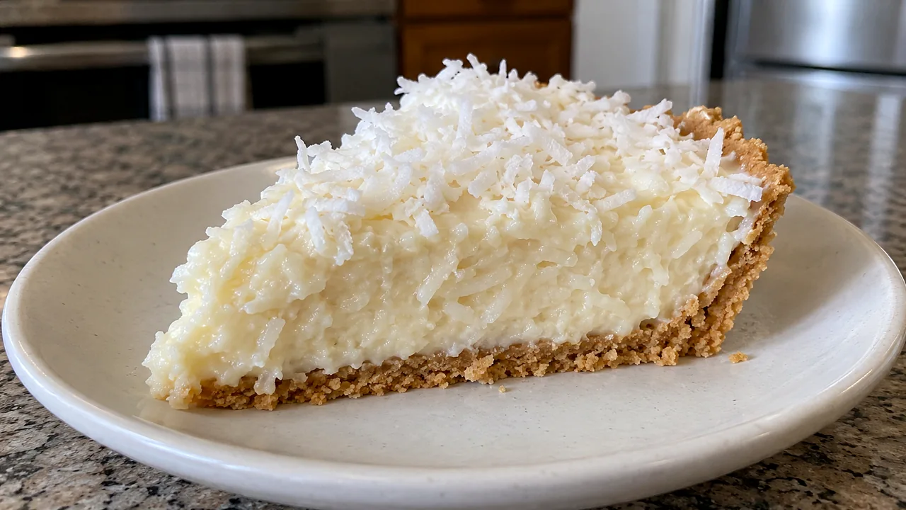 Triangular slice of chilled no-cook coconut pie on a dessert plate showing graham crust and creamy filling