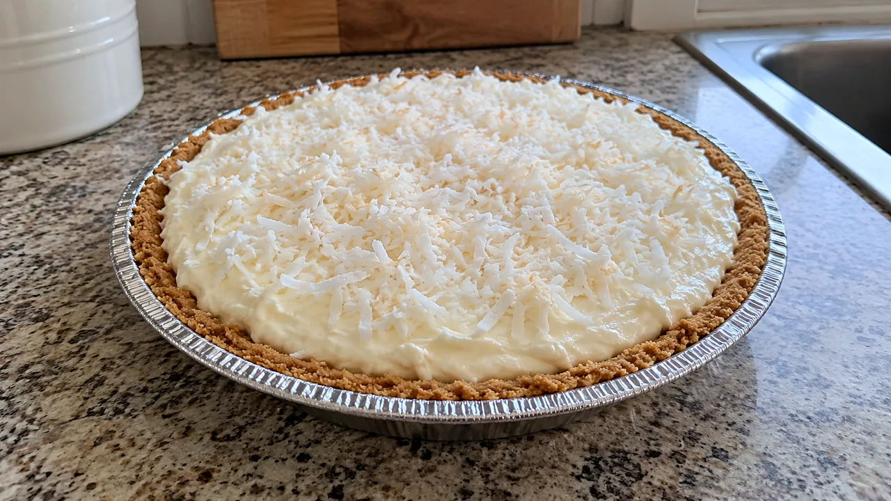 Whole chilled no-cook coconut pie in a graham cracker crust topped with shredded coconut