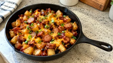 Cast-iron skillet of fried russet potato cubes with crispy bacon, browned smoked sausage coins, melted cheddar and sliced green onions