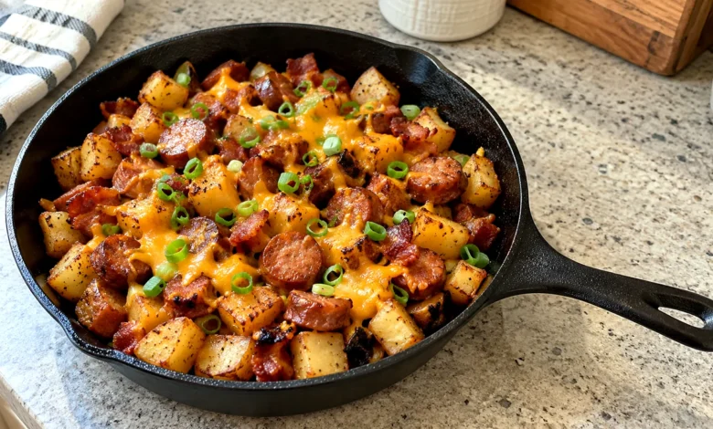 Cast-iron skillet of fried russet potato cubes with crispy bacon, browned smoked sausage coins, melted cheddar and sliced green onions