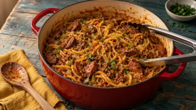 One-pot dirty spaghetti with andouille sausage, ground beef, and chopped parsley in a red enameled Dutch oven