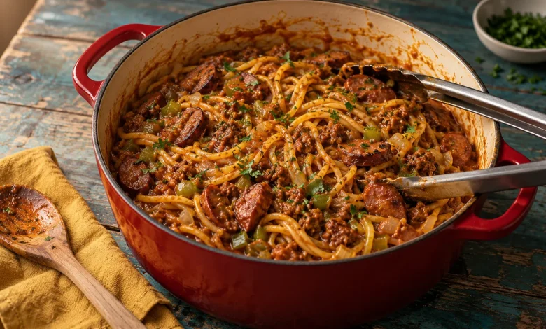One-pot dirty spaghetti with andouille sausage, ground beef, and chopped parsley in a red enameled Dutch oven