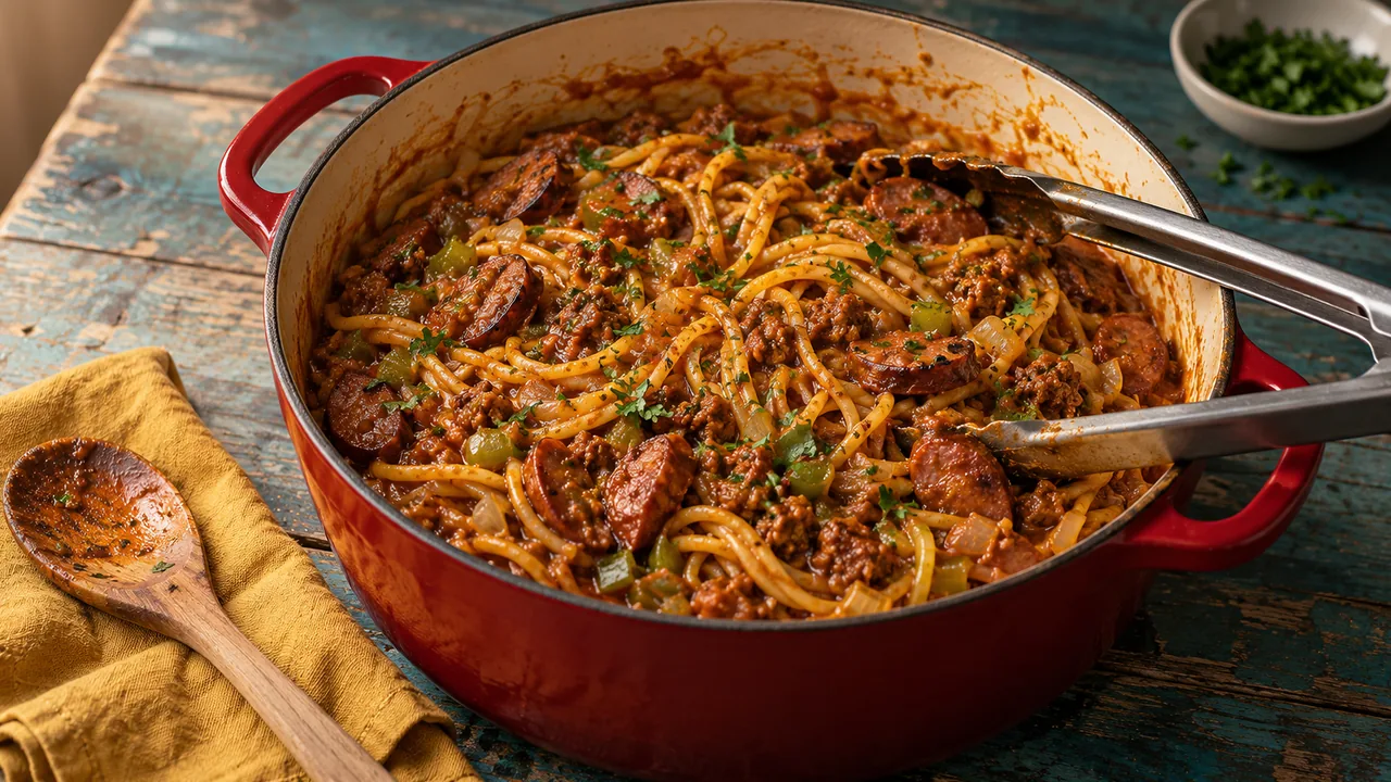 One-pot dirty spaghetti with andouille sausage, ground beef, and chopped parsley in a red enameled Dutch oven