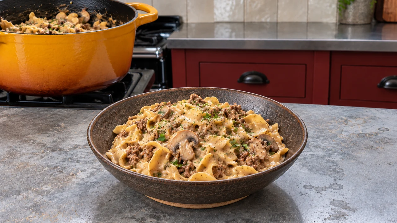 A bowl of ground beef stroganoff with wide egg noodles, browned beef crumbles and sliced mushrooms in a creamy light-brown sauce