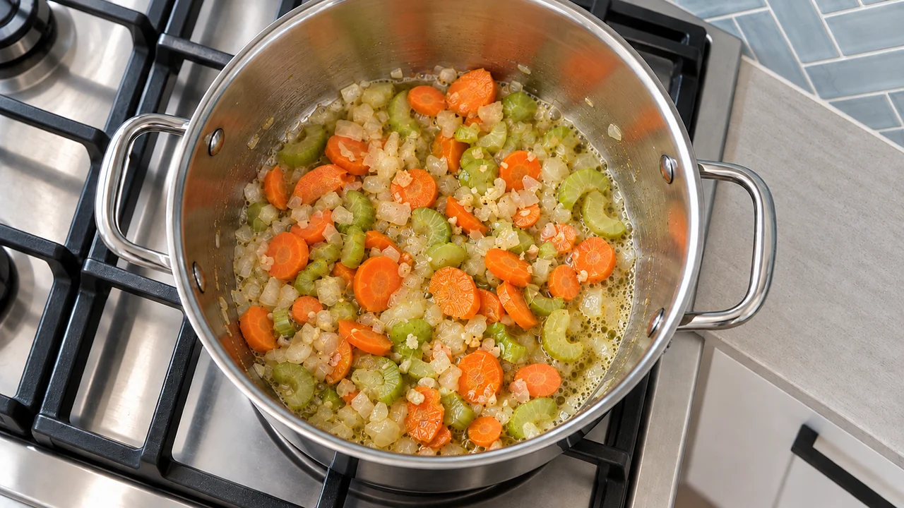 Diced onion, thin carrot coins and sliced celery softening in butter and oil in a stainless steel soup pot