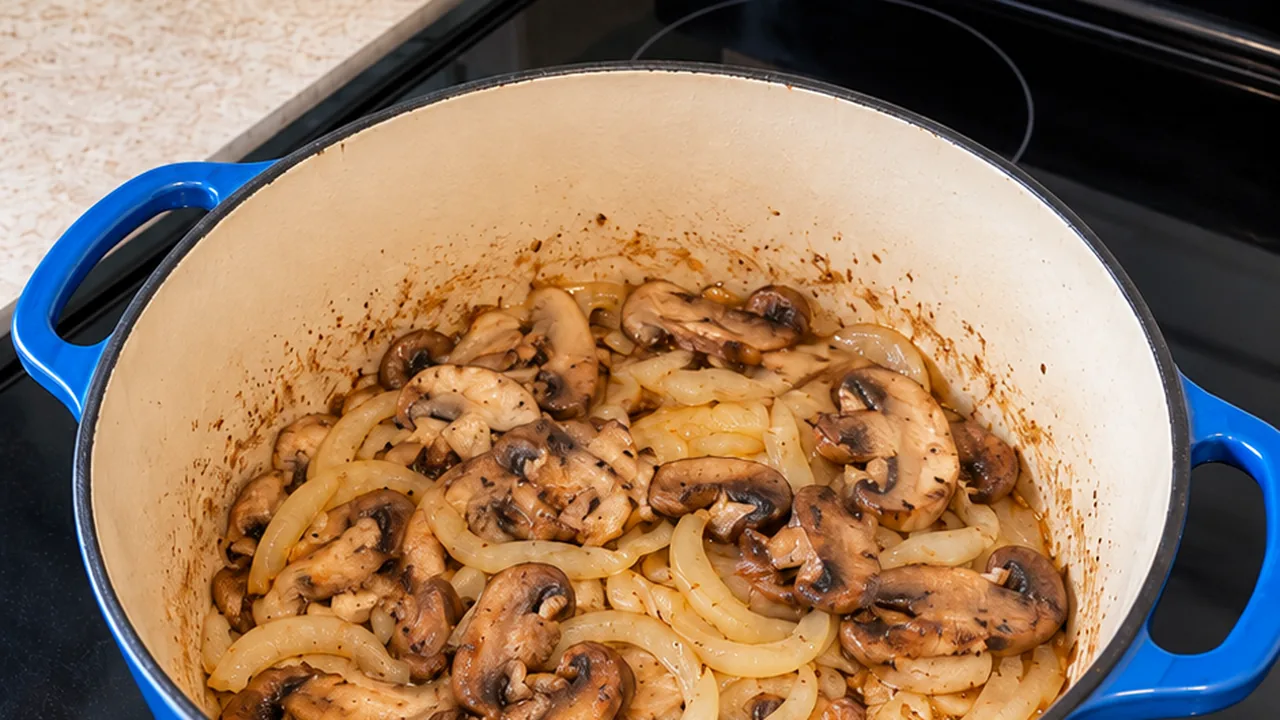 Sliced sweet onions and mushrooms sautéing until golden in the same Dutch oven