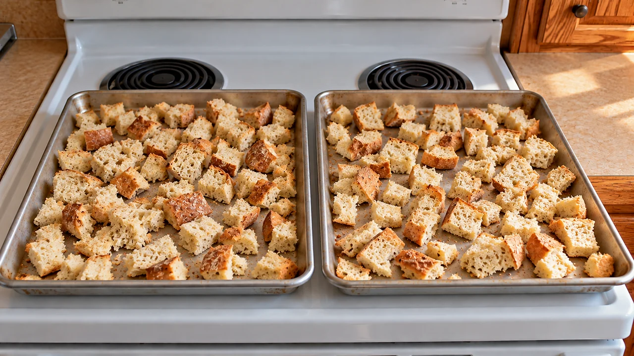 Hand-cut sourdough cubes dried in the oven on two aluminum sheet pans, crisp but still pale