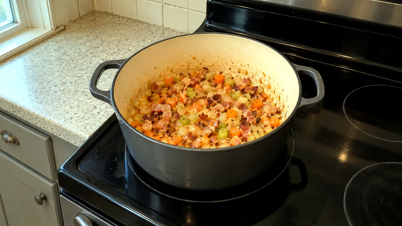 Finely diced pancetta rendering with softened onion, carrot and celery in a Dutch oven