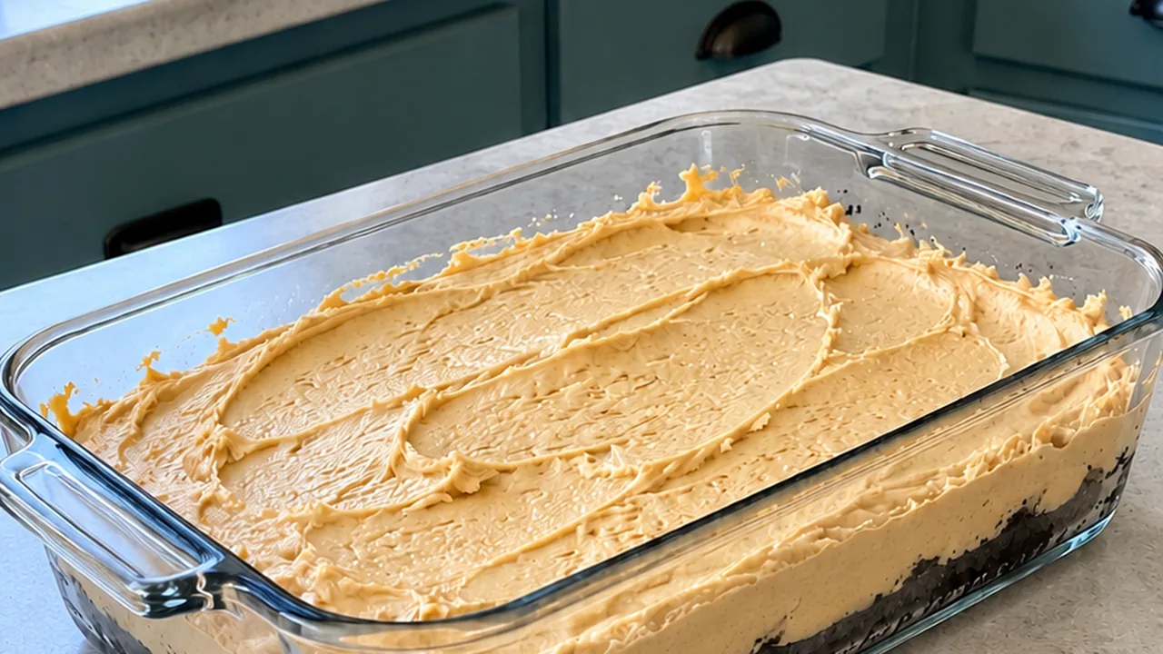 Pale tan creamy peanut butter filling spread over the chocolate cookie crust in a 9x13 glass dish