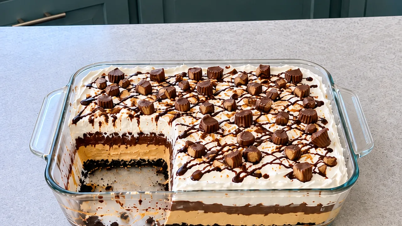 Peanut butter lasagna in a 9x13 dish with one square removed showing cookie crust, peanut butter, chocolate pudding and whipped topping layers