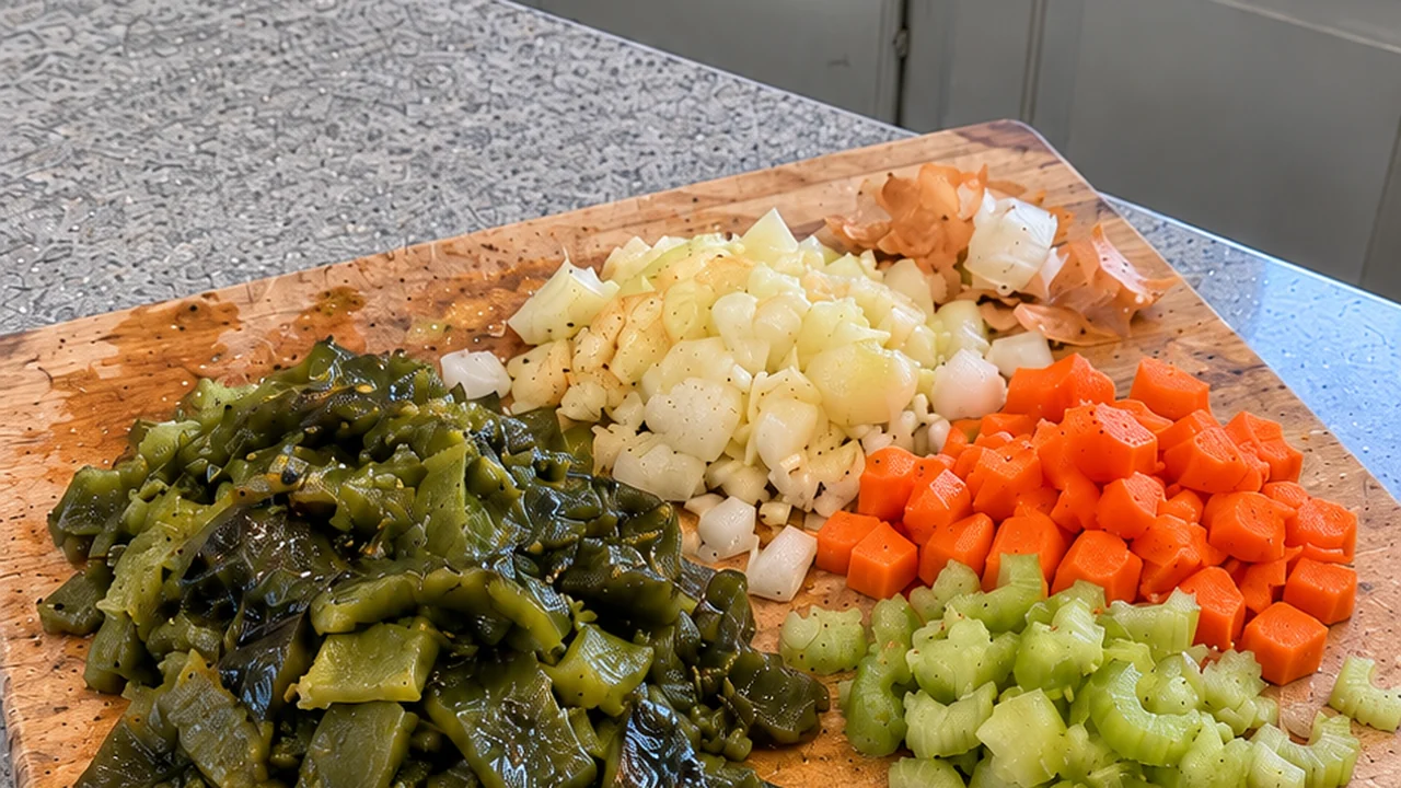Peeled roasted poblano pieces with diced onion, carrot and celery arranged on a wooden cutting board