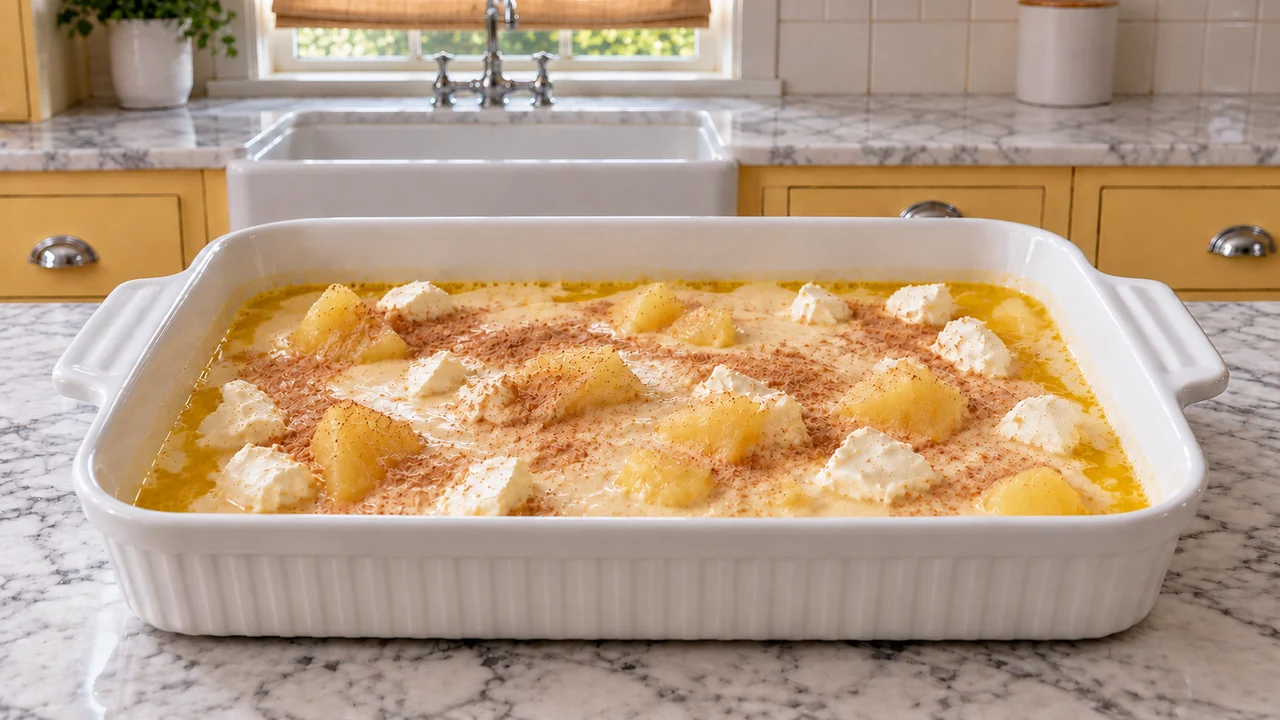Low side view of unbaked pineapple cobbler in a white 9x13 dish, with torn cream cheese pieces and pineapple chunks scattered over the batter, uneven cinnamon sugar and melted butter pooling at the edges