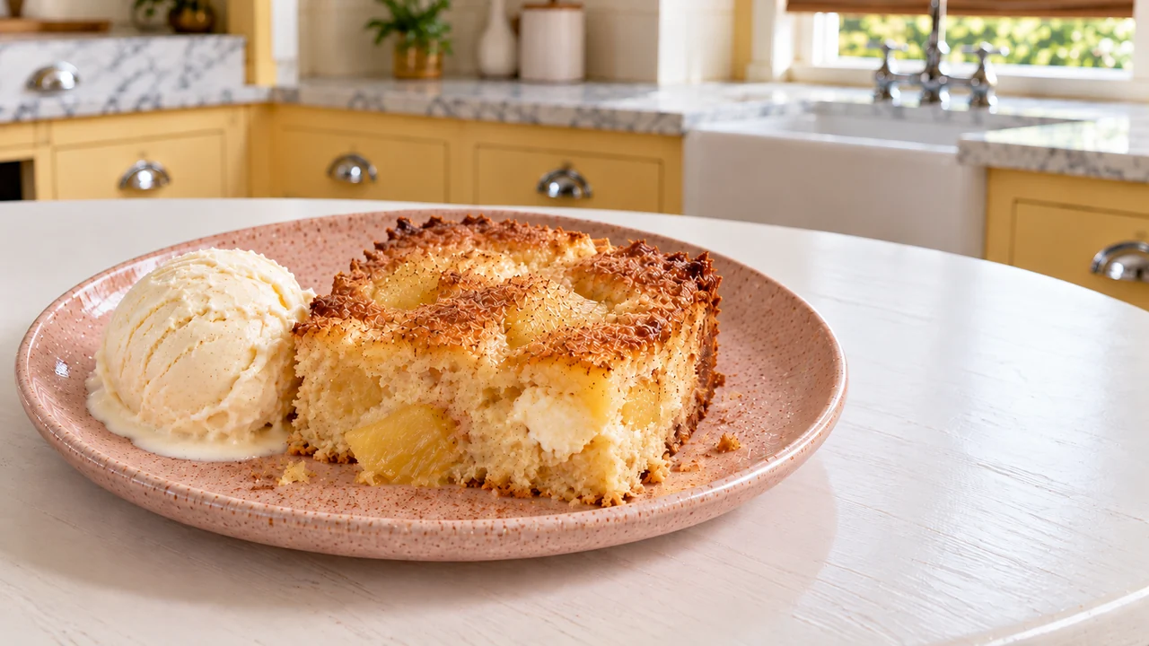 A warm square of pineapple cream cheese cobbler with a scoop of vanilla ice cream on a small plate