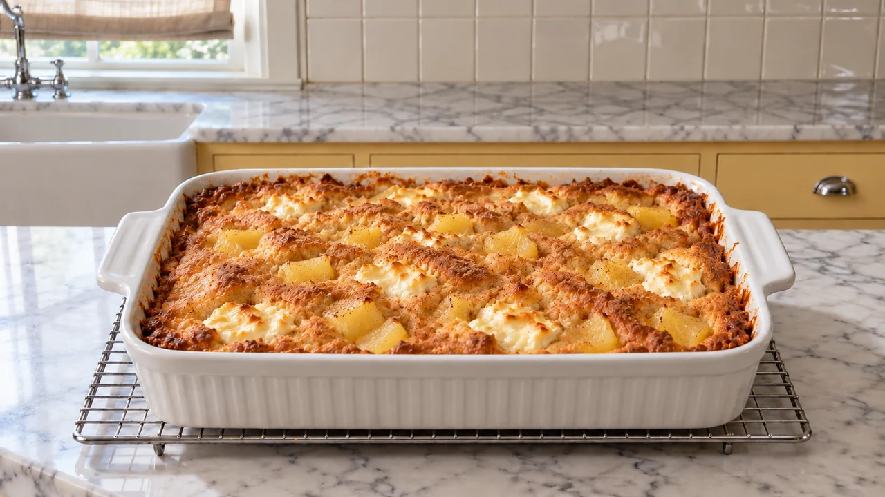 Baked pineapple cream cheese cobbler with golden edges, pineapple chunks and soft cream cheese pockets in a white 9x13 baking dish