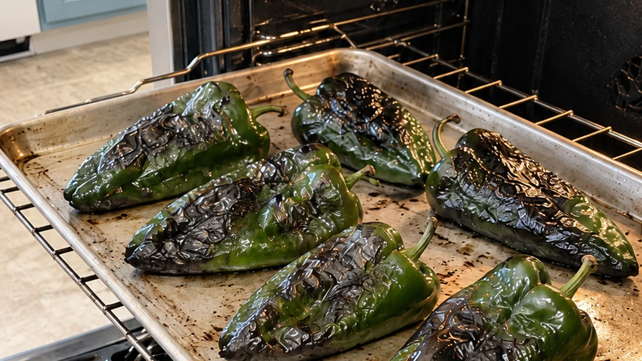 Poblano peppers blistering and blackening under the broiler on a rimmed baking sheet in an open oven