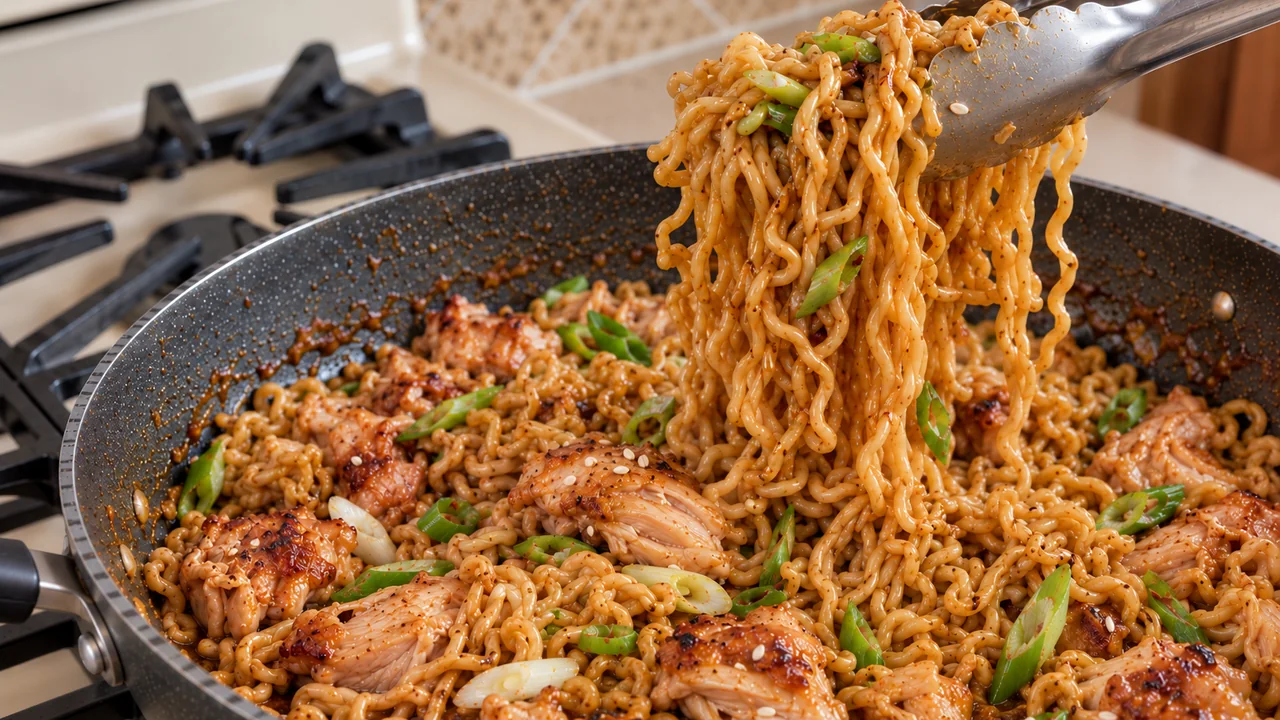 Ramen noodles and chicken coated in glossy sauce in the skillet, finished with sesame seeds and sliced green onions