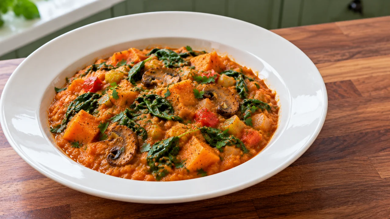 A serving of red lentil vegetable stew in a wide white porcelain soup plate on a butcher-block counter