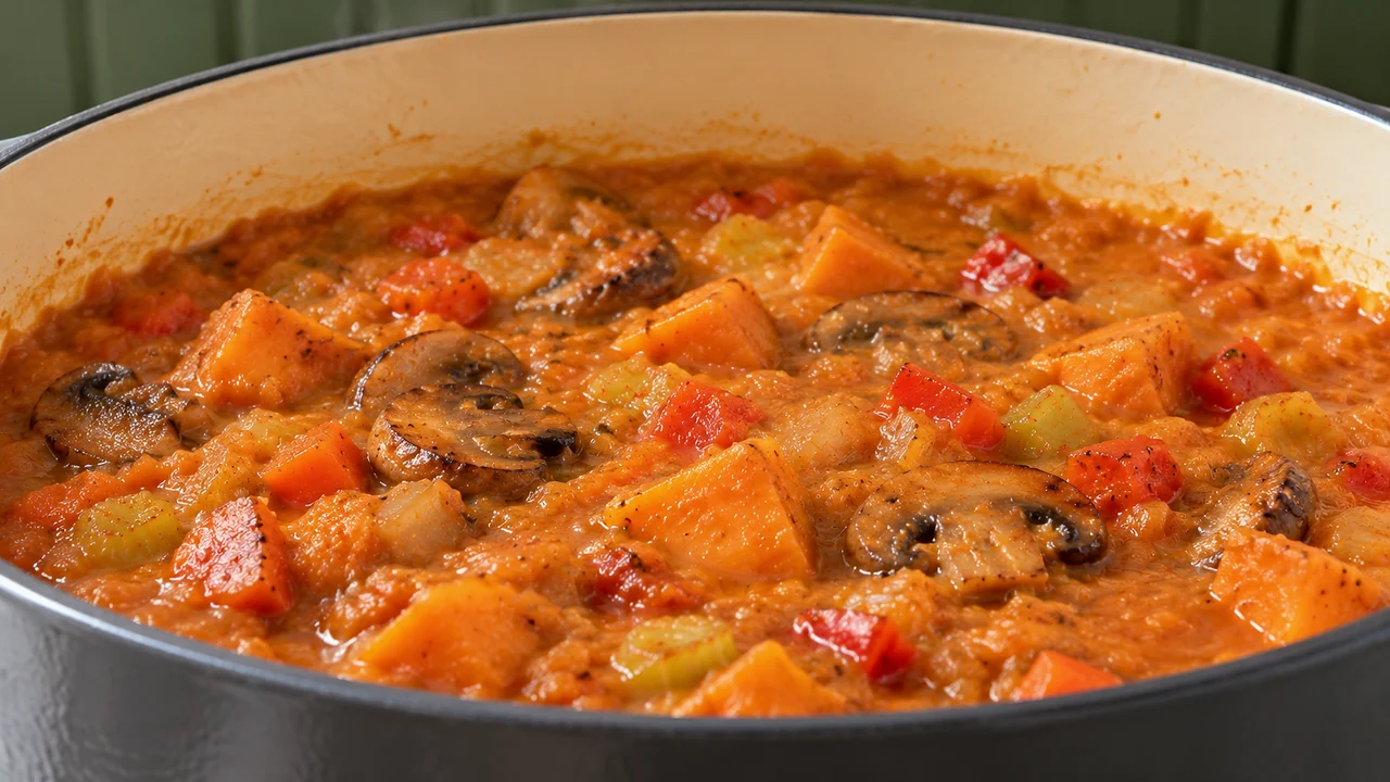 Close view of simmered red lentils broken down into a thick stew around tender sweet potato cubes