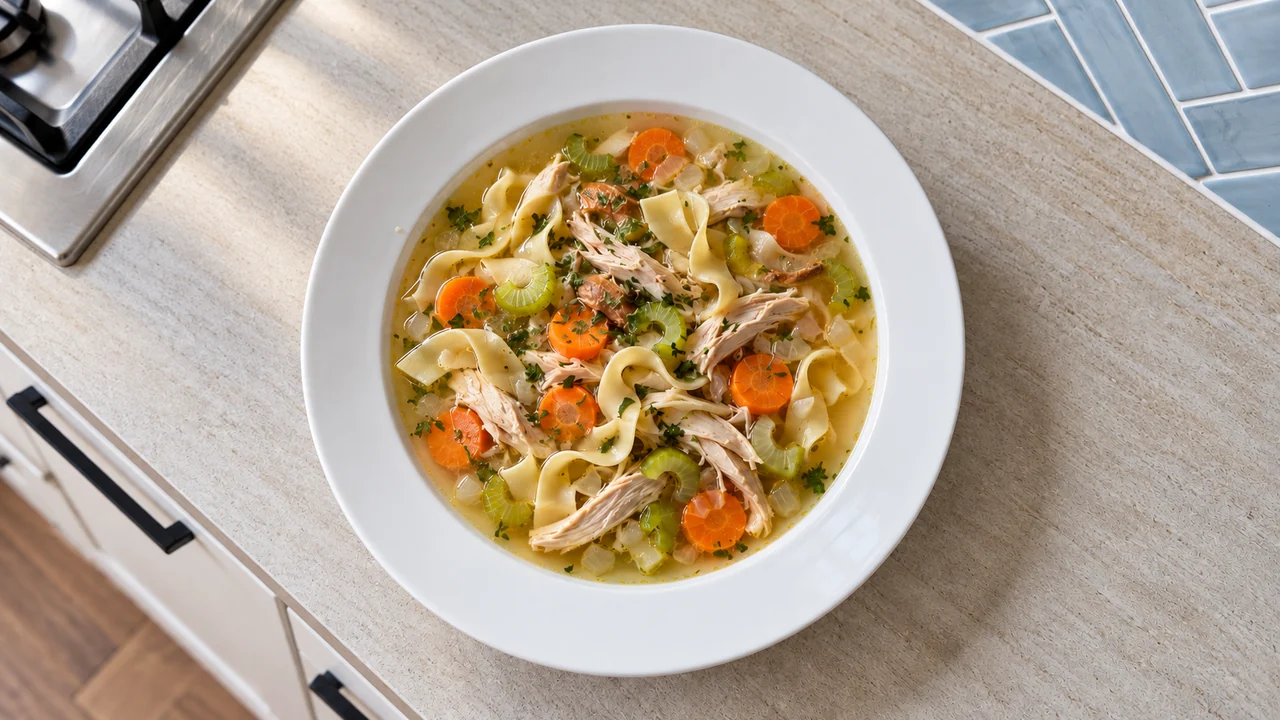 Overhead view of rotisserie chicken noodle soup in a white rimmed soup plate with clear golden broth, shredded chicken, wide egg noodles, carrot coins, celery and parsley