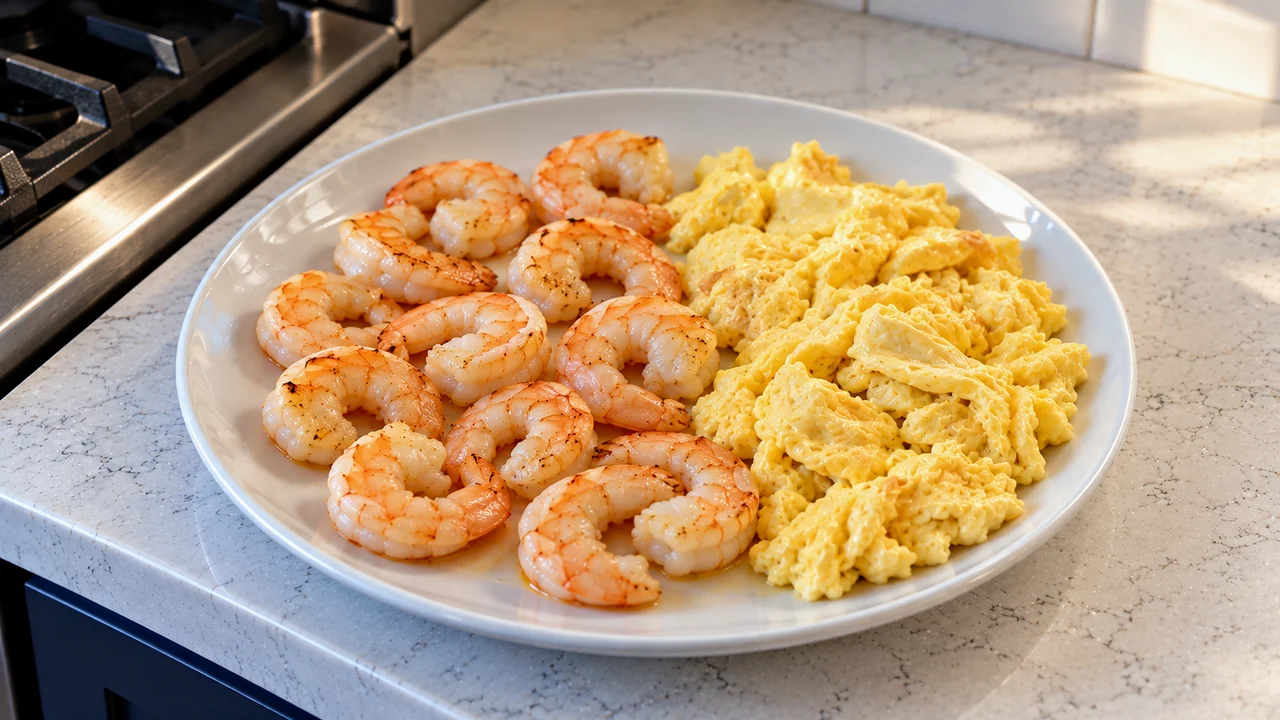 Seared shrimp and loosely scrambled egg pieces set aside on a plate before the noodles are tossed