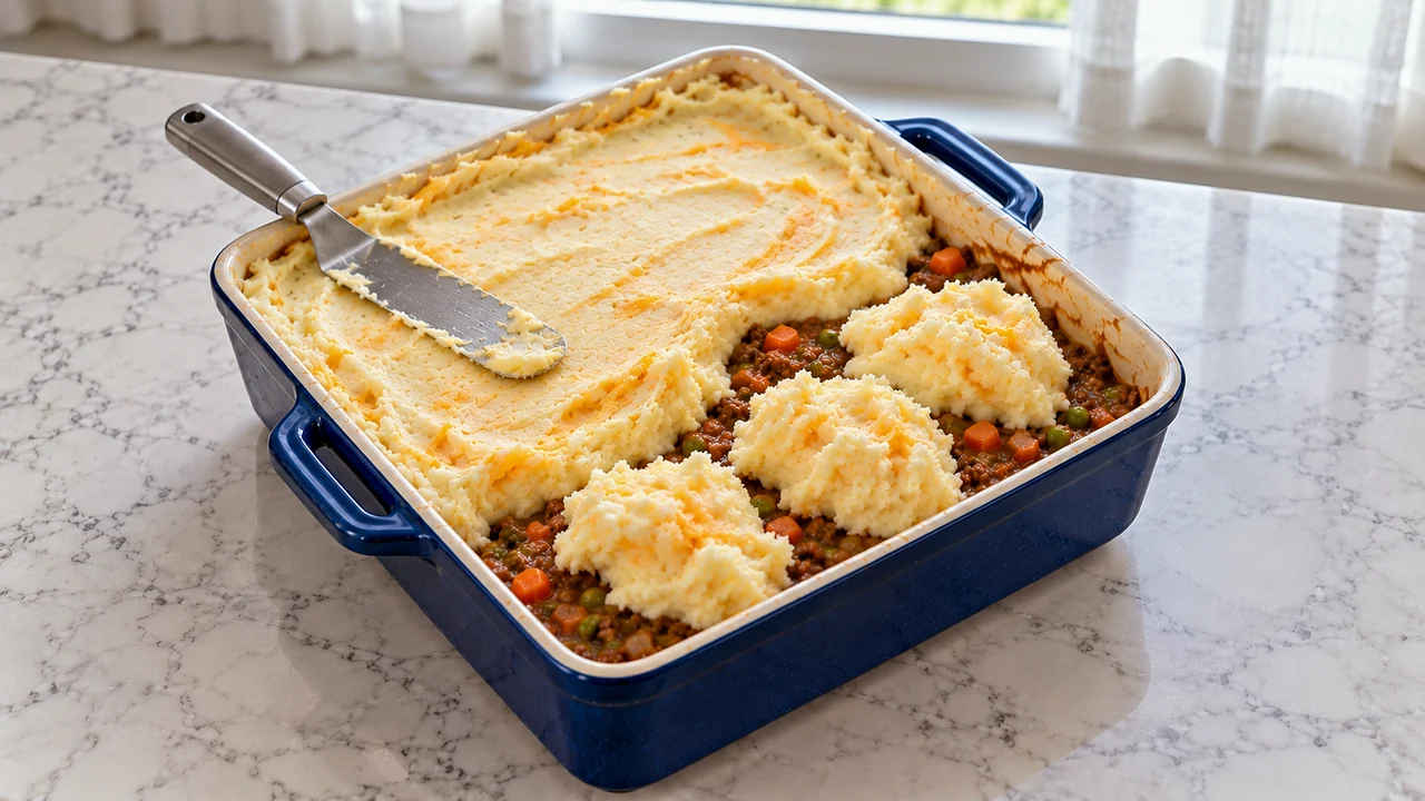Mashed potato topping being spread over the beef and vegetable filling in a blue square baking dish