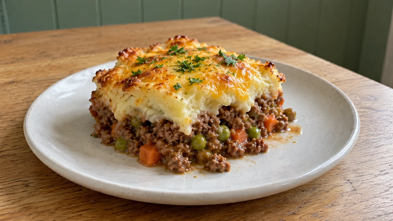 A square serving of cheesy shepherd's pie casserole on an off-white stoneware plate, showing the beef and vegetable filling, mashed potato, and golden cheddar layers