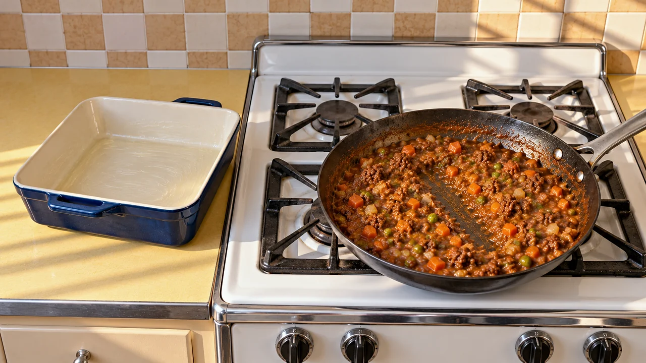 Ground beef filling with peas and carrots in thick brown gravy in a carbon steel skillet on a white gas range
