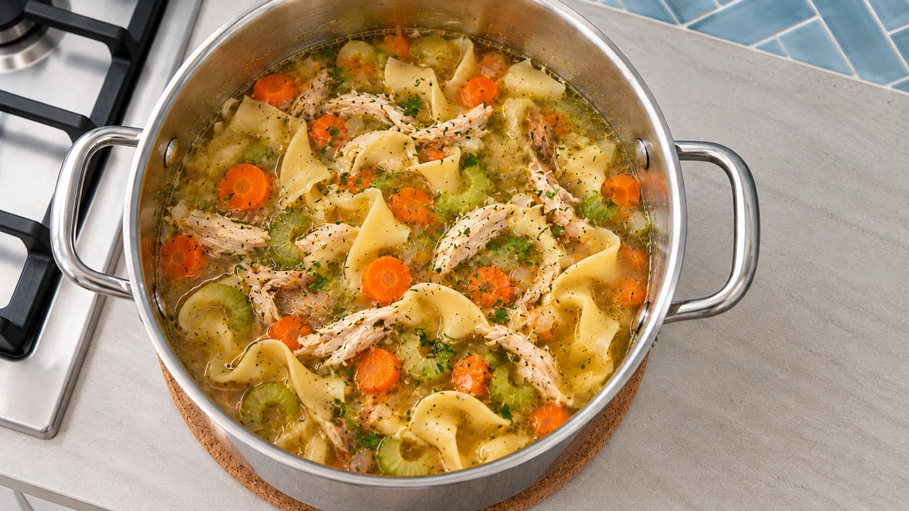 Shredded rotisserie chicken and parsley stirred into chicken noodle soup in a stainless steel pot on a cork trivet