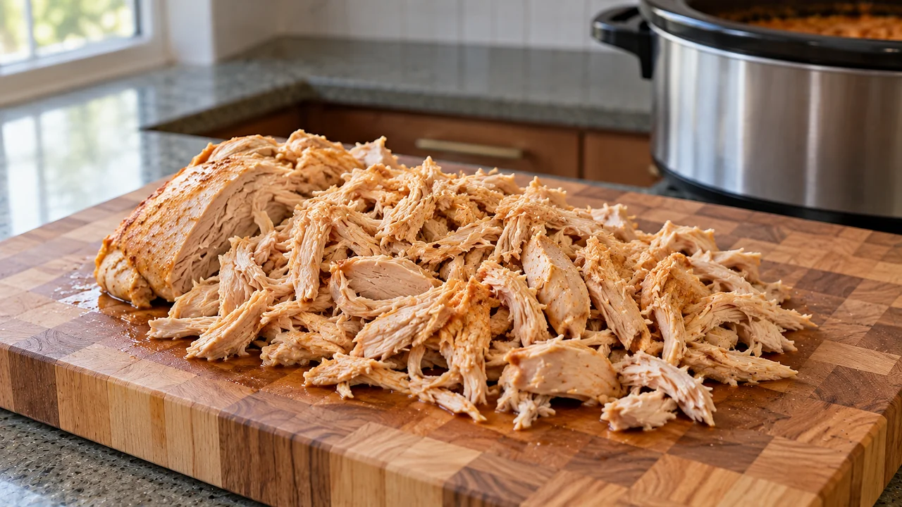 Slow-cooked chicken breast pulled into uneven shreds on an end-grain wood cutting board, with the slow cooker behind