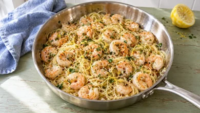 Shrimp scampi with angel hair pasta, parsley, and lemon zest in a stainless steel skillet