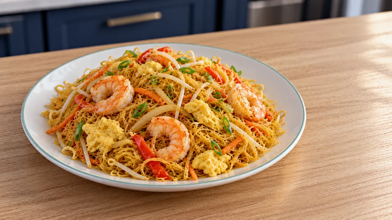 One serving of Singapore noodles with shrimp and egg on a pale celadon-rimmed white plate