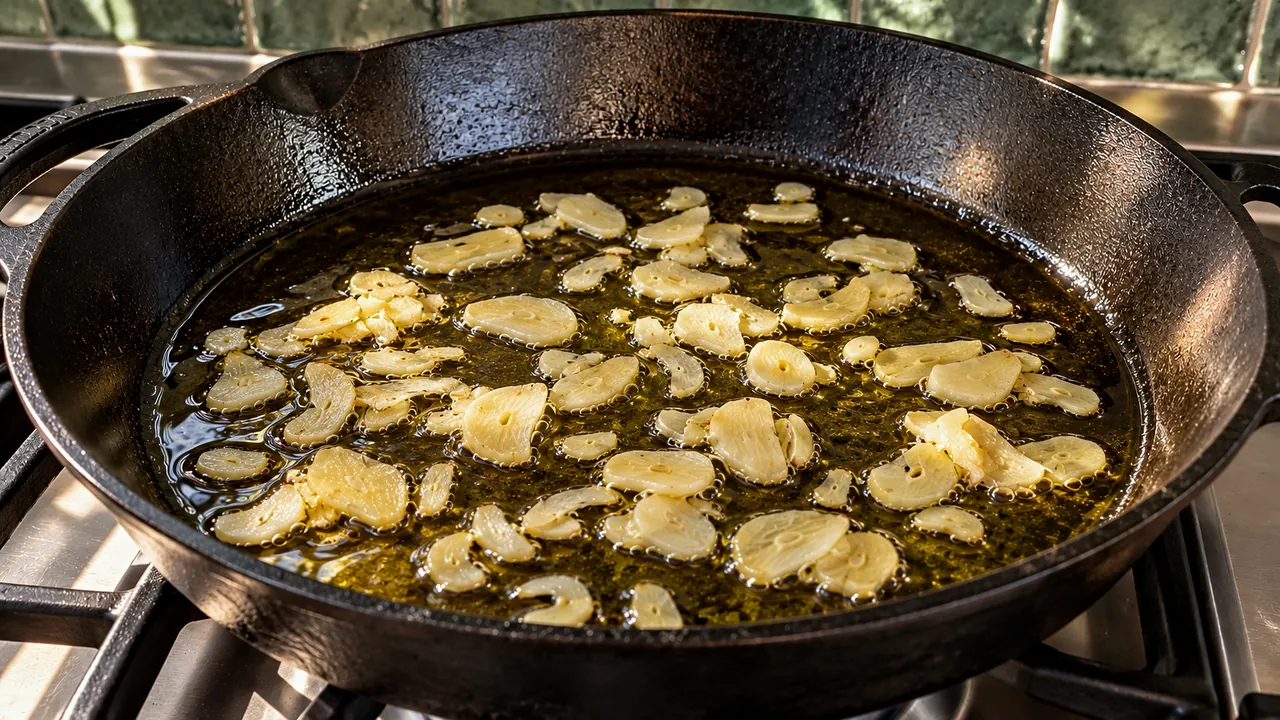 Thin garlic slices softening in olive oil, just pale gold at the edges, in a cast-iron skillet