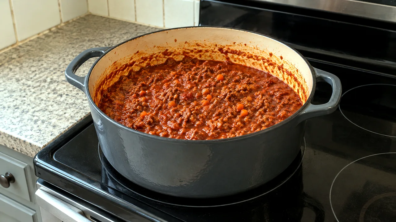 Thick finished Bolognese sauce simmering in a Dutch oven with finely crumbled meat visible