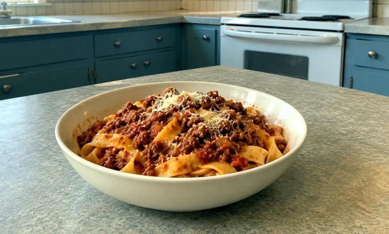 Bowl of tagliatelle coated with thick slow-simmered beef-and-pork Bolognese and freshly grated Parmesan