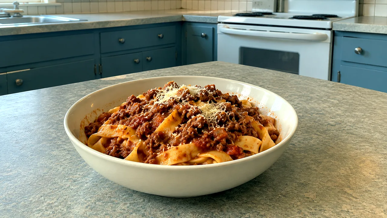 Bowl of tagliatelle coated with thick slow-simmered beef-and-pork Bolognese and freshly grated Parmesan