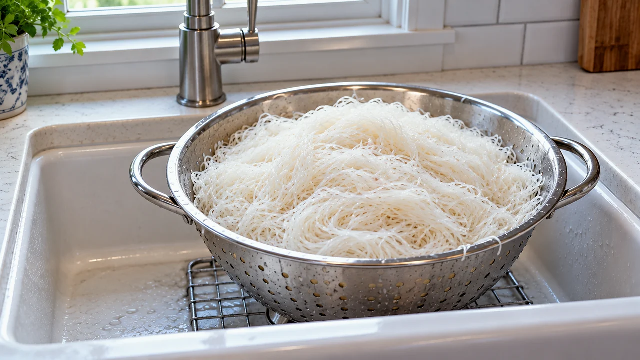 Soaked thin rice vermicelli draining in a stainless colander set in a white farmhouse sink