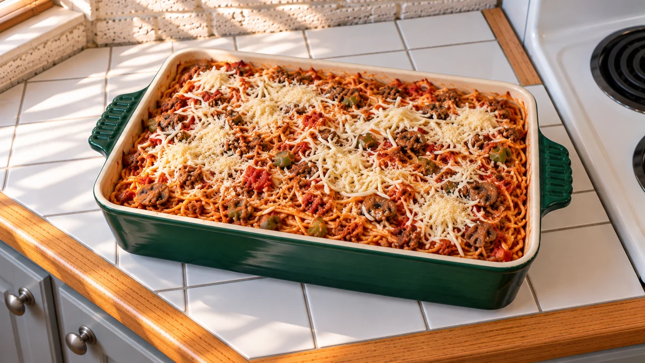 Unbaked spaghetti bake in a green 9x13 dish with shredded mozzarella and Parmesan scattered unevenly on top