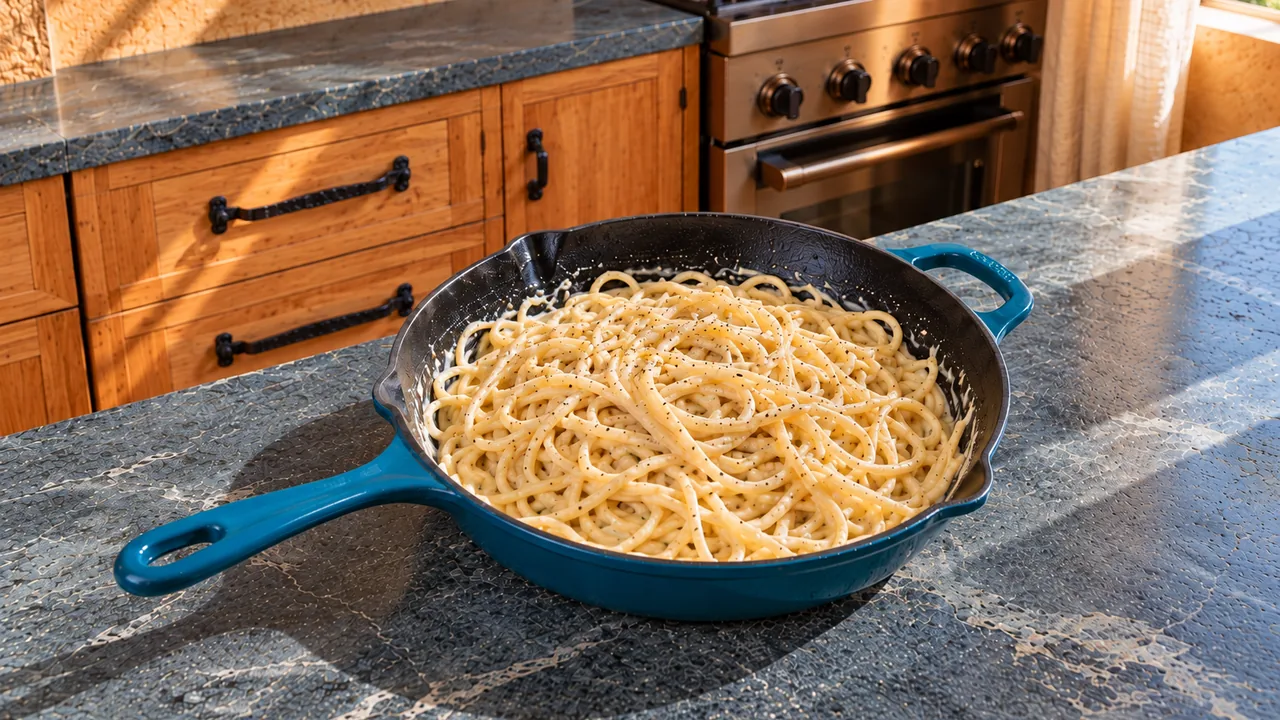 Spaghetti tossed in creamy lemon Parmesan sauce in a skillet, strands lightly coated with no sauce pooling