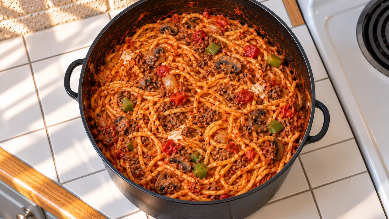 Spaghetti tossed with beef sauce, sour cream and mozzarella in a large pot, the sour cream fully mixed in