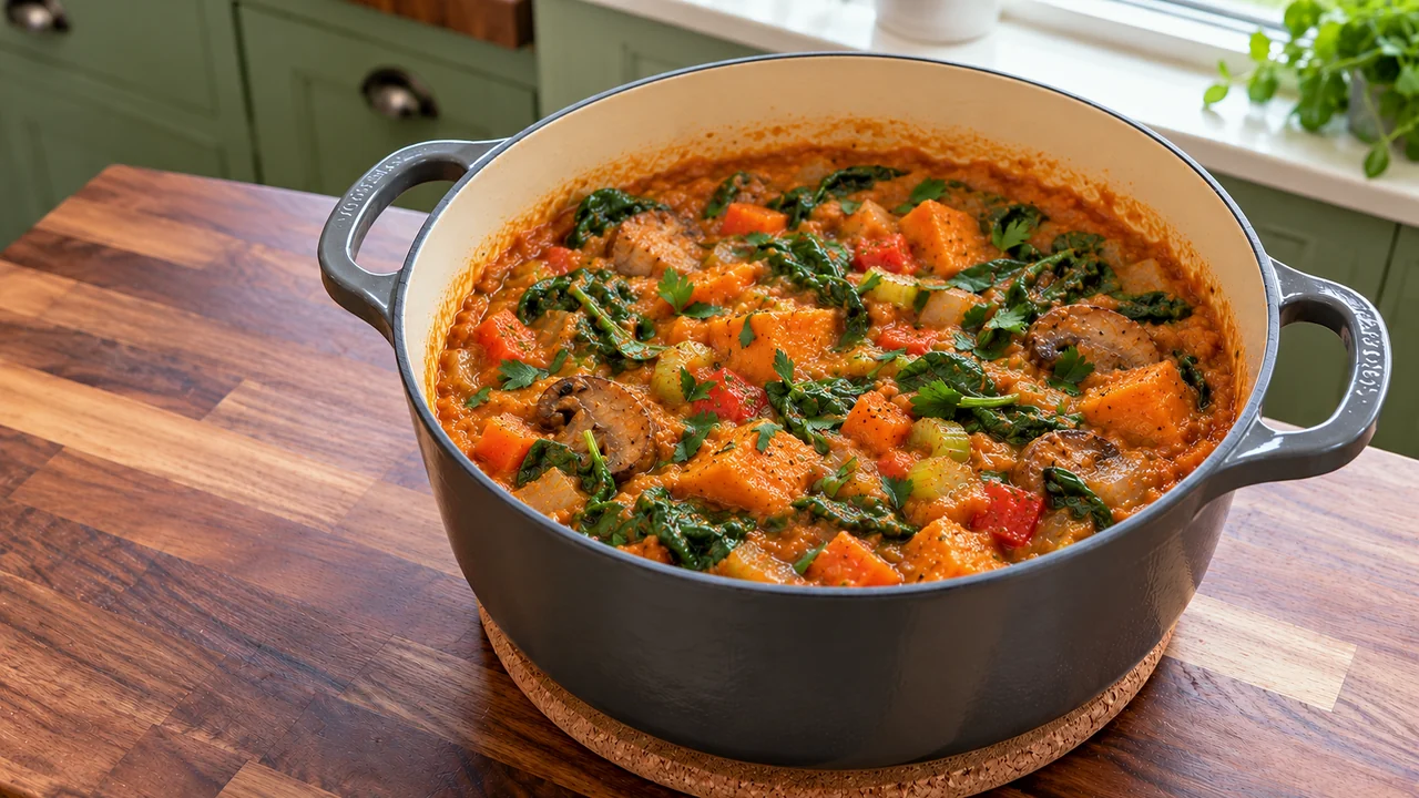 Spinach and parsley wilted into the red lentil stew in a Dutch oven on a cork trivet, off the heat
